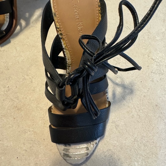 Calvin Klein Penelope Stacked Wood Heel w/ Ankle Tie - Black and Snake Skin - Picture 6 of 6